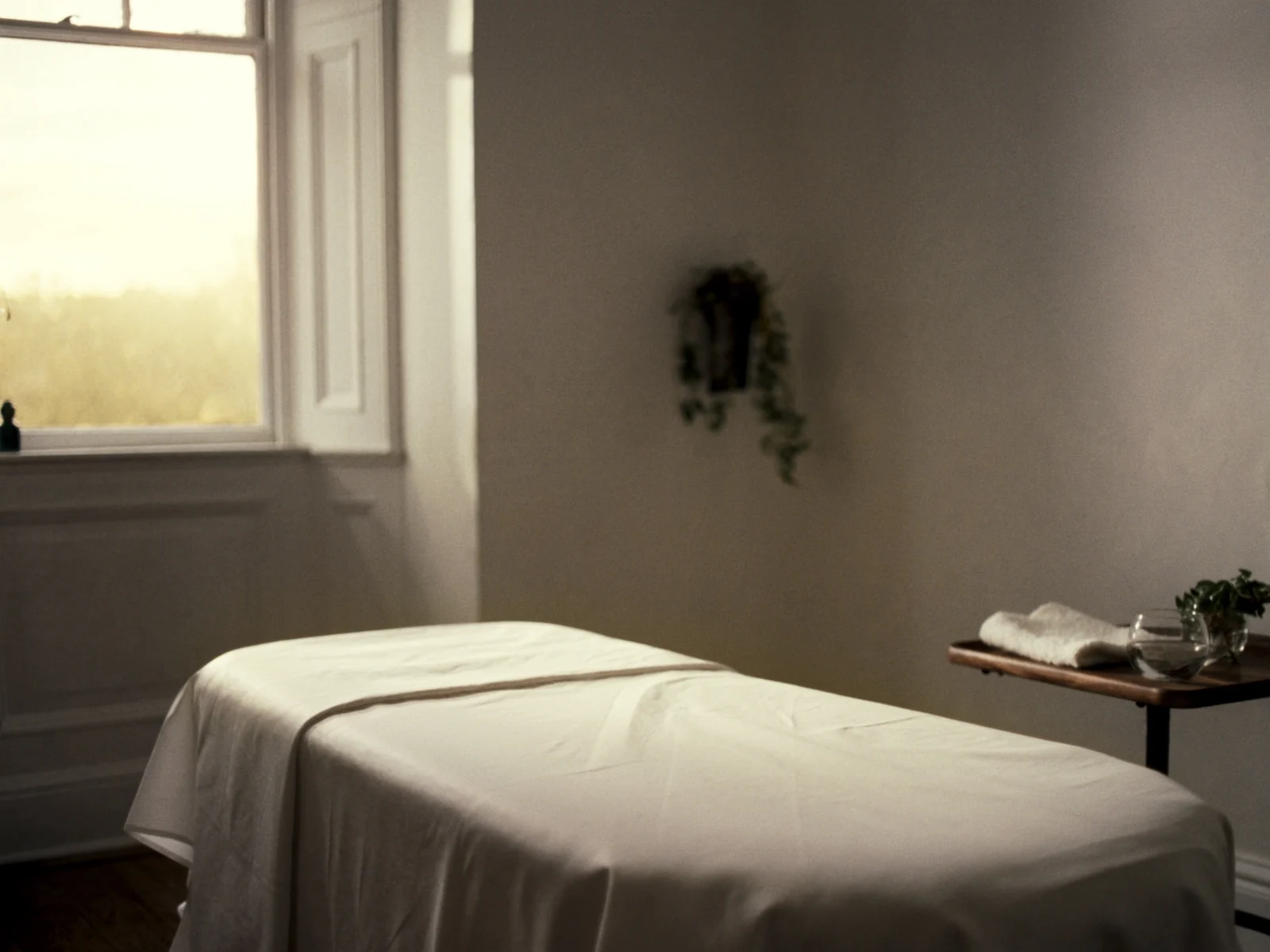A treatment couch made up in white linen beside a tall sash window